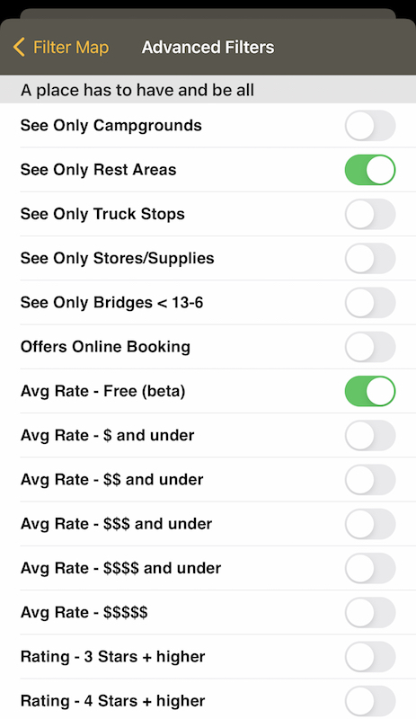 Allstays camp and rv app advanced filters