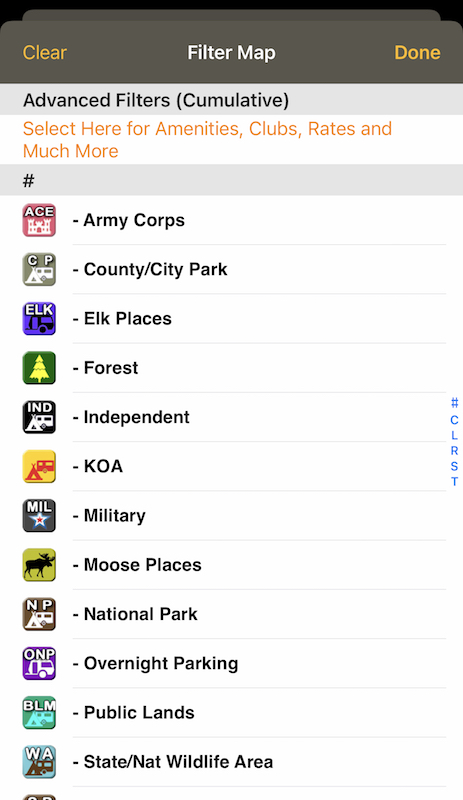 Allstays camp and rv app filters