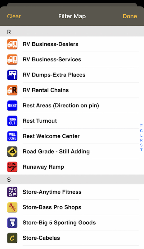 Allstays camp and rv app map filters
