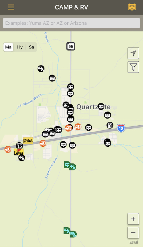 Allstays camp and rv app map view quartzsite